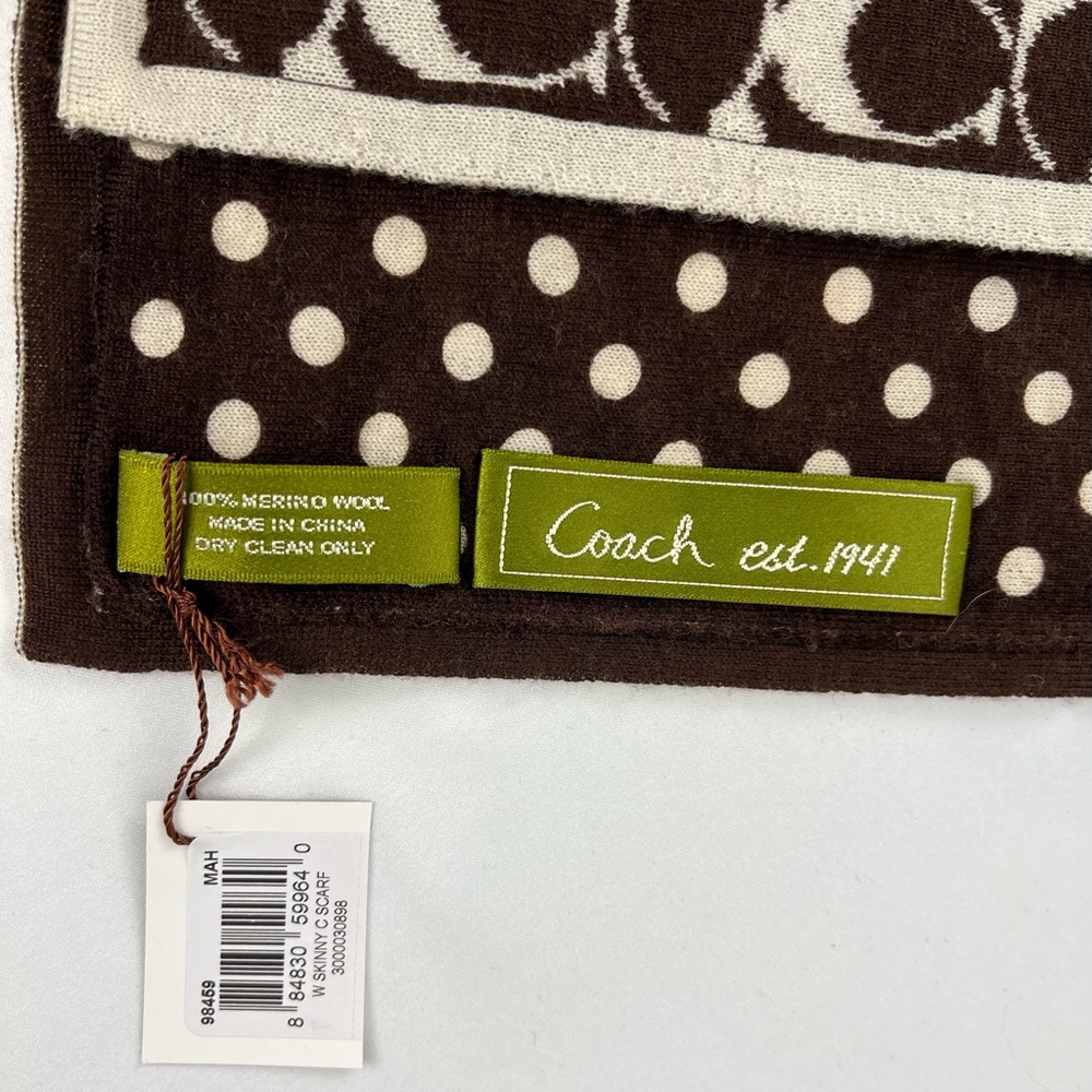 NWT Coach Signature C and Polka Dot Reversible Skinny Scarf Brown Cream - Picture 2 of 10